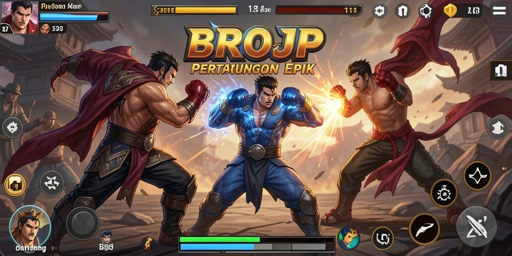 Gameplay BROJP menampilkan pertarungan seru dan intens di arena.