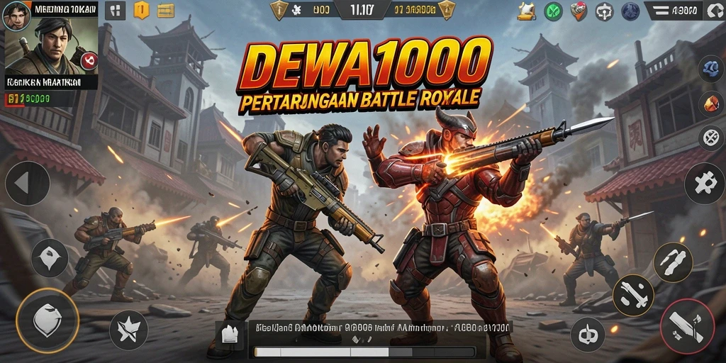 Tangkapan layar DEWA1000 menampilkan aksi pertempuran intens di arena Battle Royale.