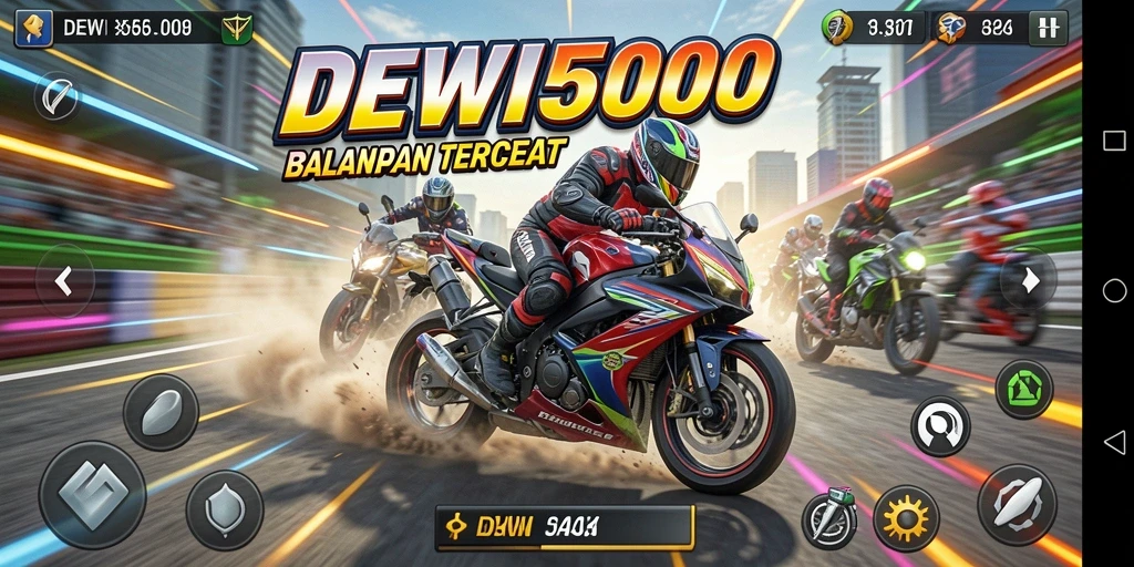 Screenshot DEWI5000 menampilkan aksi balapan motor yang seru dan intens.